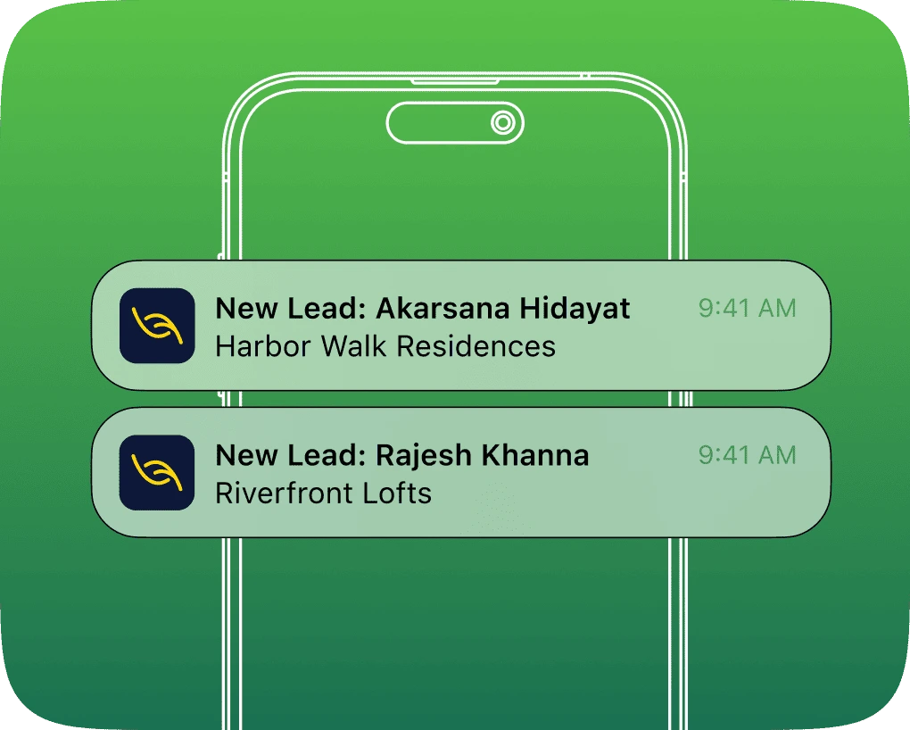 Lead notifications coming through Leaf CRM mobile app instantly.