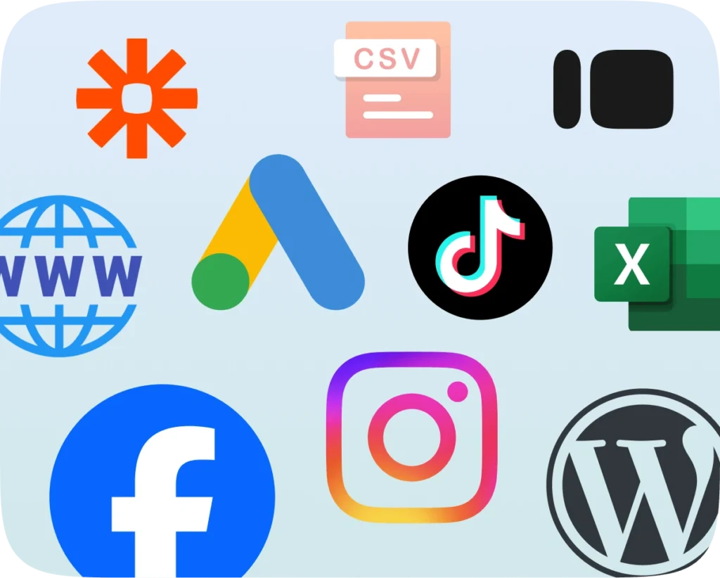 Leaf CRM supports multichannel lead source such as Facebook, Instagram, TikTok, WordPress forms, Website, Google Ads, Zapier, Typeform, and spreadsheet integration.