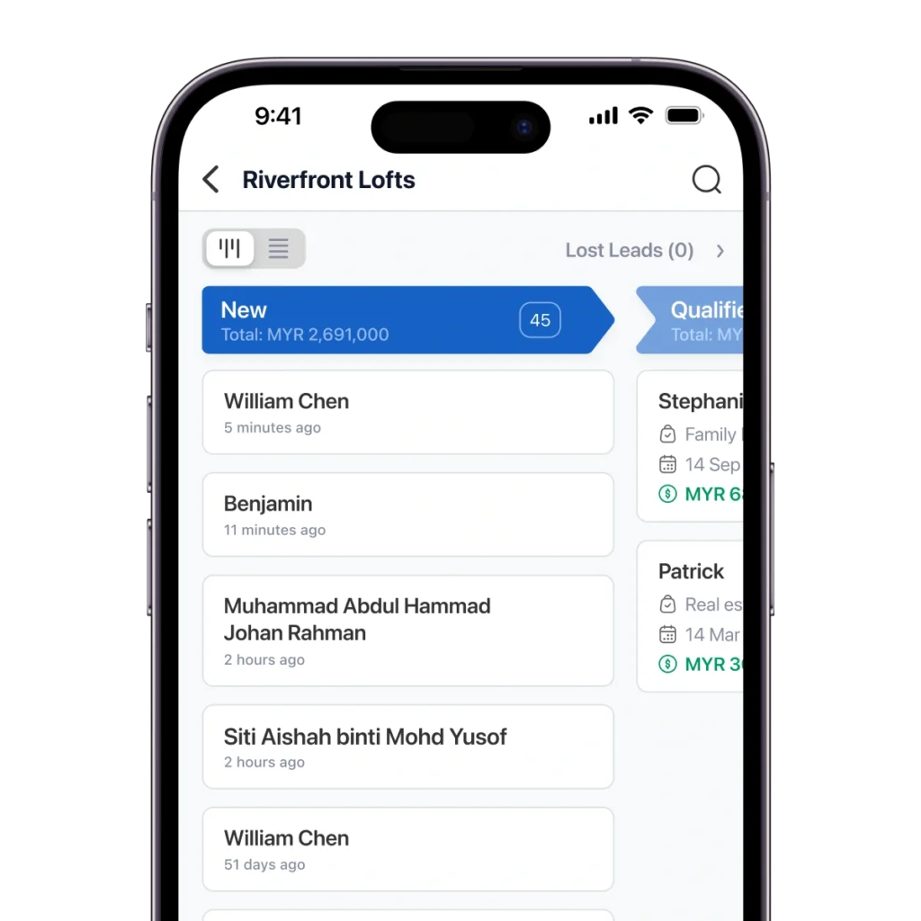 Leads assigned into salesperson's sales pipeline on Leaf CRM mobile app without having to distribute spreadsheets around.