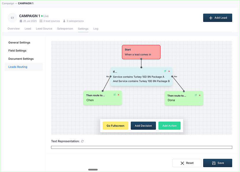 Conditions set up to enable lead routing to salesperson in Leaf CRM