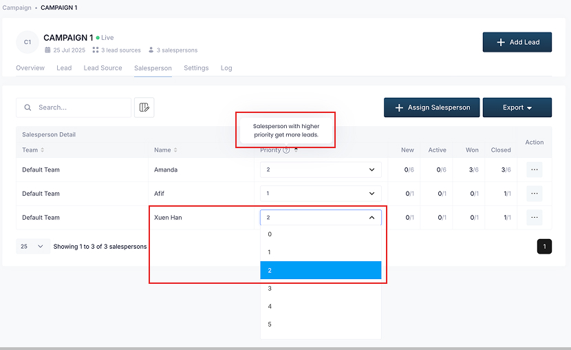 Setting up lead frequency with round-robin rules in Leaf CRM.