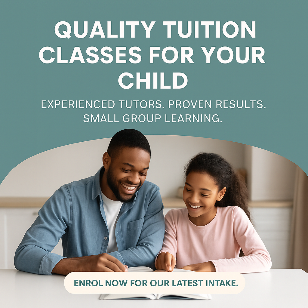 Tuition centre's promotional poster that claims to provide a wuality classes for children with a father and daughter duo featuring in it.