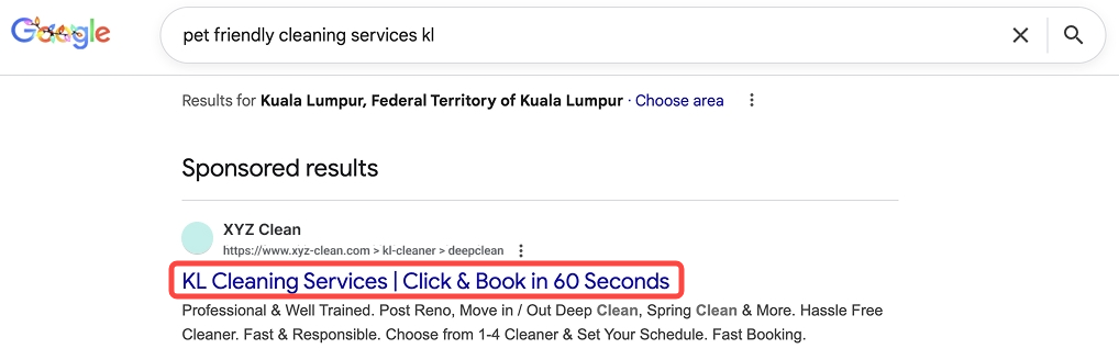 A generic Google Ad copy under the sponsored result page in Google search engine.