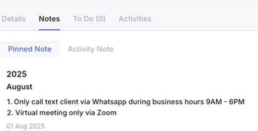 Important prospect details written in Notes section by salesperson for leads assigned to them