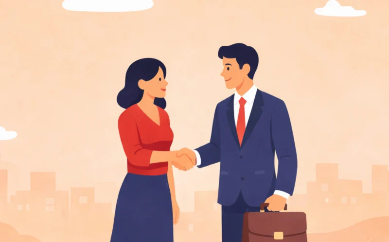 A woman and a man sharing a handshake when discussing what is needed for their business and sales.