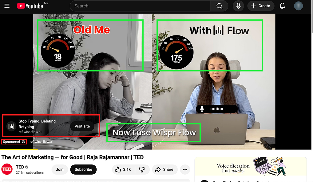 The fundamental of marketing applied by Wispr Flow in their paid ads.