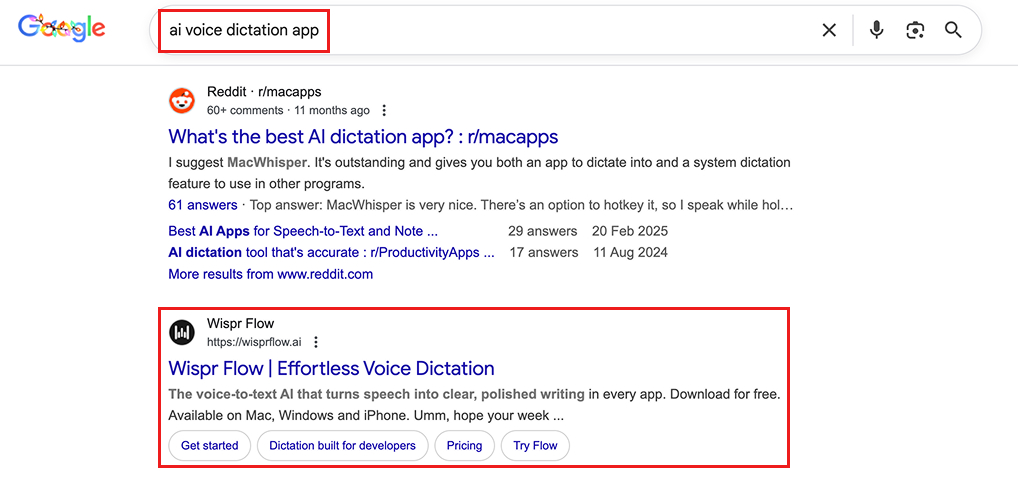Google search engine results for the query "ai voice dictation app"