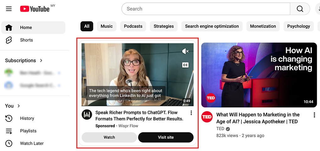 YouTube main feed featuring Wispr Flow's sponsored video.