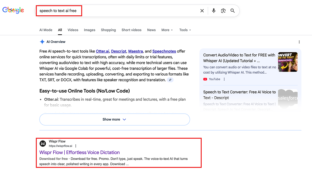 Google search engine result for the query "speech to text ai free"