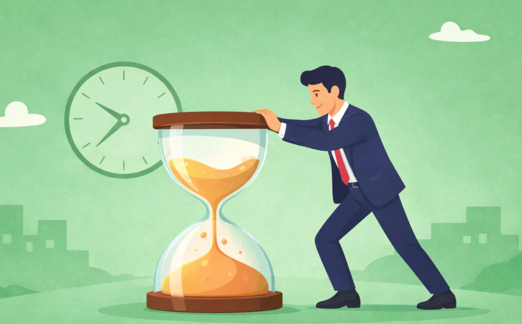 A man is holding an hourglass to symbolise how to reduce time spent on admin and manual task by using productivity tools.