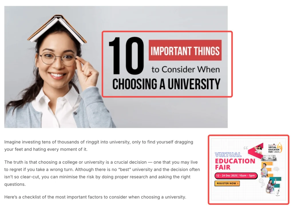 Example of what is digital marketing showing educational blog content and banner promoting a virtual education fair for lead generation.