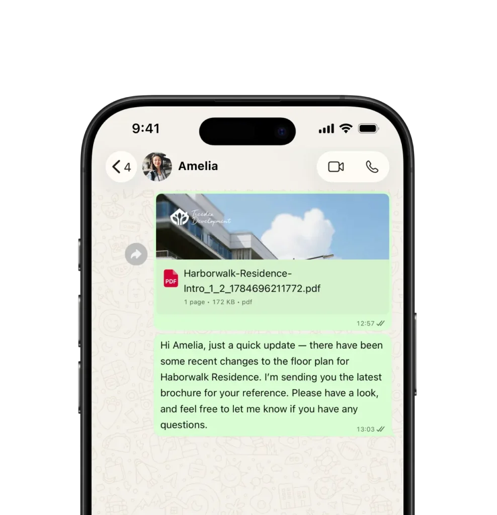 A screenshot of a WhatsApp conversation between a salesperson and a prospect, where the salesperson shared a document to the prospect via Leaf CRM's centralised document library.