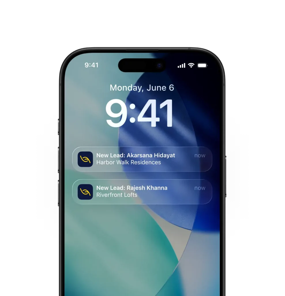 An image showing a mobile receiving notifications from Leaf CRM the moment a lead is assigned.