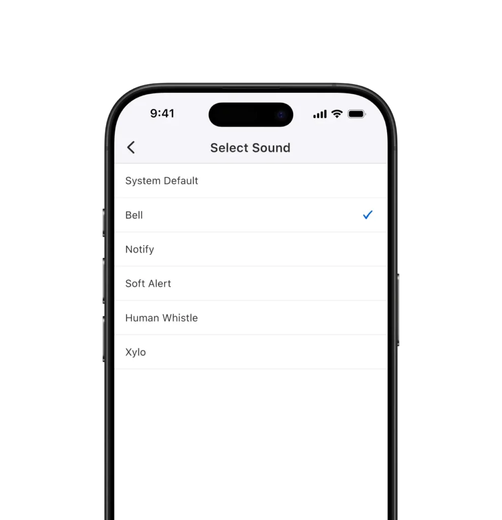 An image of mobile screen showing custom alert sounds in Leaf CRM app.