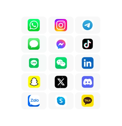 An image of popular messaging apps like WhatsApp, Instagram, Telegram, iMessage, Messenger, TikTok, Line, WeChat, LinkedIn, Snapchat, X, Discord, Zalo, Skype