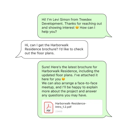 A WhatsApp message screenshot that showcasing a salesperson addressing a prospect's inquiry.