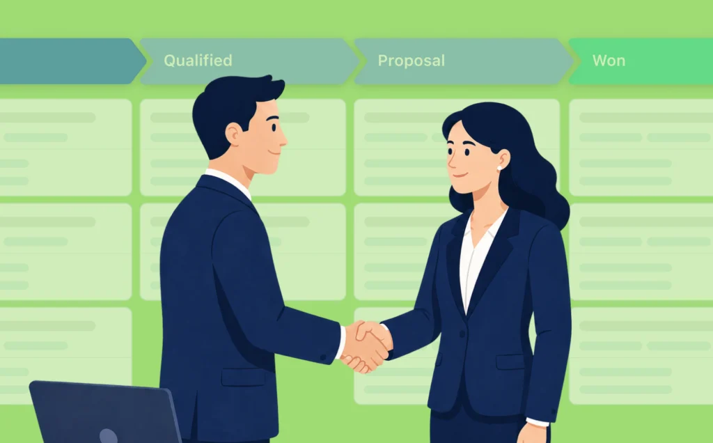 A man and women shaking hands to after securing a sale using CRM tools.