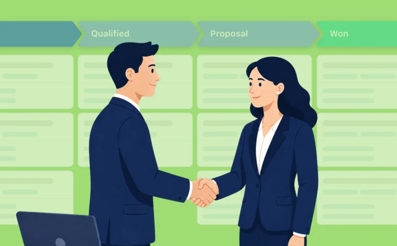 A man and women shaking hands to after securing a sale using CRM tools.