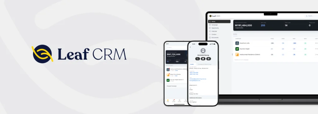 A laptop and mobile phone screen with Leaf CRM dashboard and Leaf CRM logo in the background.