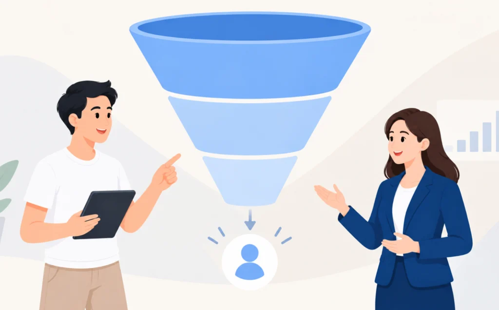 Two individuals discussing how to run a lead generation campaign.