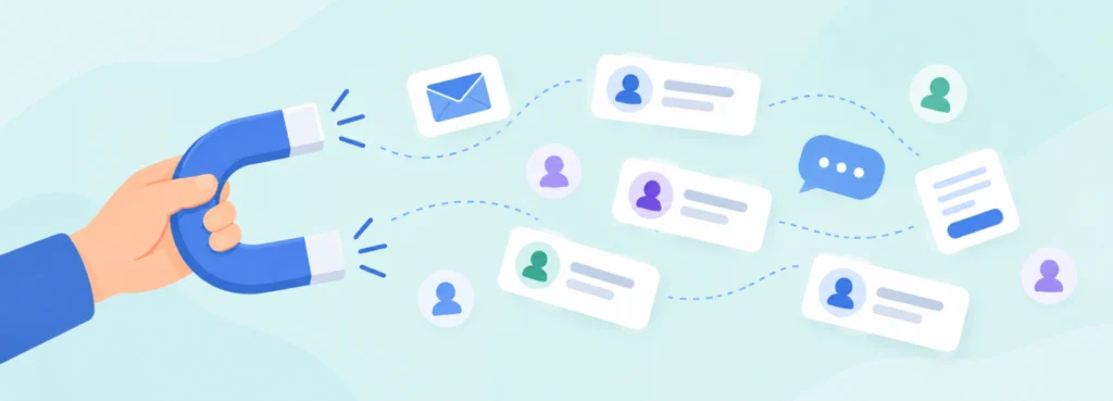 Magnet pulling in contact profiles and emails, illustrating how lead generation attracts prospects