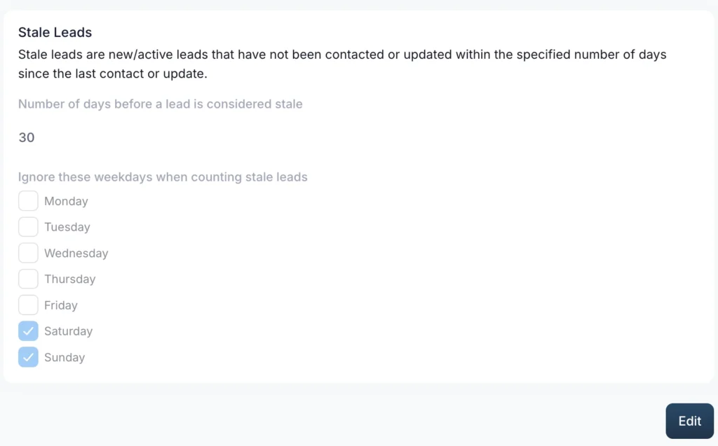 The UI of Leaf CRM that shows the Stale Leads settinga.