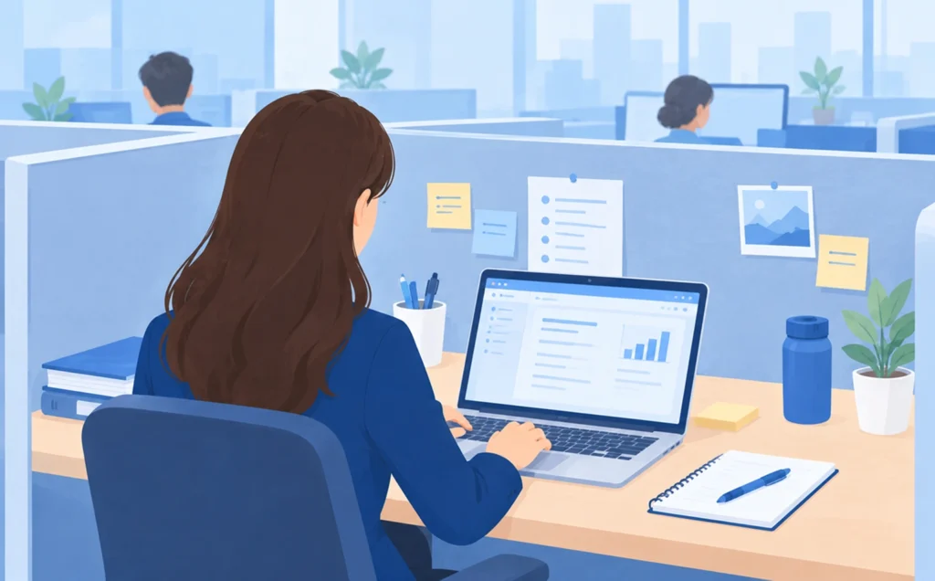 A woman in her office, using her laptop to check her CRM software.