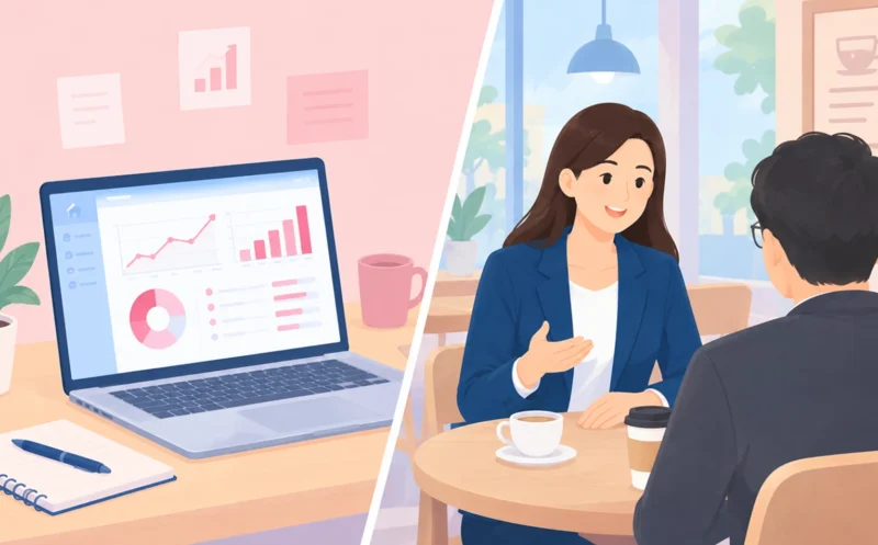 A woman talking to a man while her CRM software designed for sales force automation process is running on her laptop