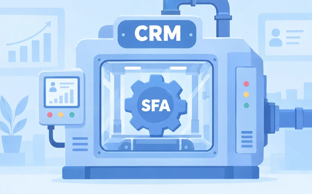 A CRM machine with an SFA system (symbolized with a gear) inside it