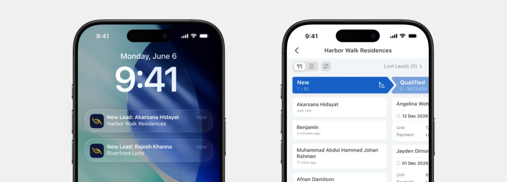 Two phones showing Leaf CRM lead routing: a lock screen with "New Lead" push alerts, and a pipeline view where the new leads appear under the New stage.